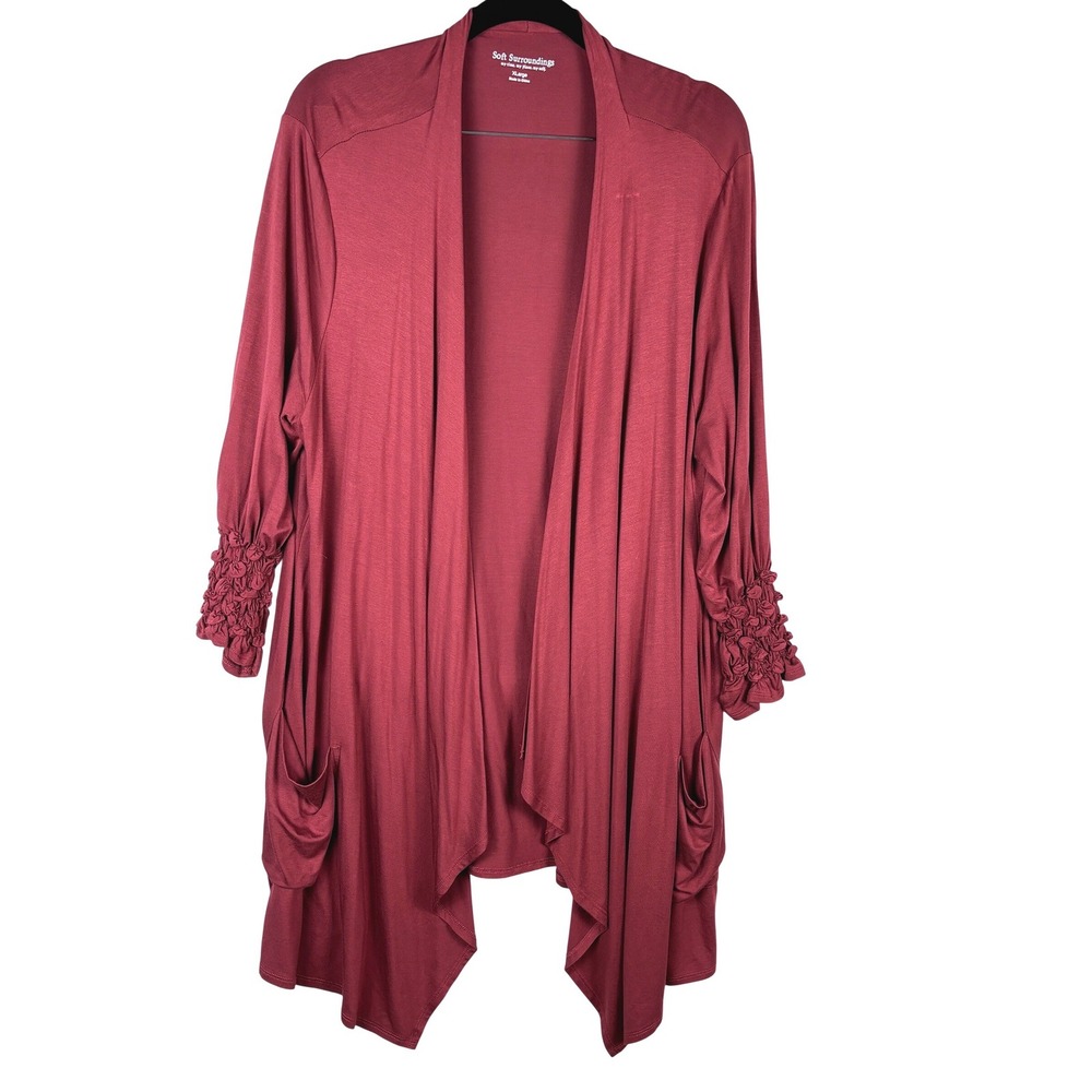 Soft Surroundings Open Cardigan Topper XL Burgundy Smocked Cuff Holidays Comfort